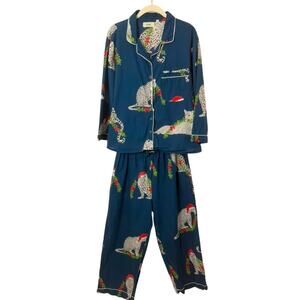 SAATVIK Navy w/White Leopard Pajamas Set Christmas Garland Santa Hat Womens M